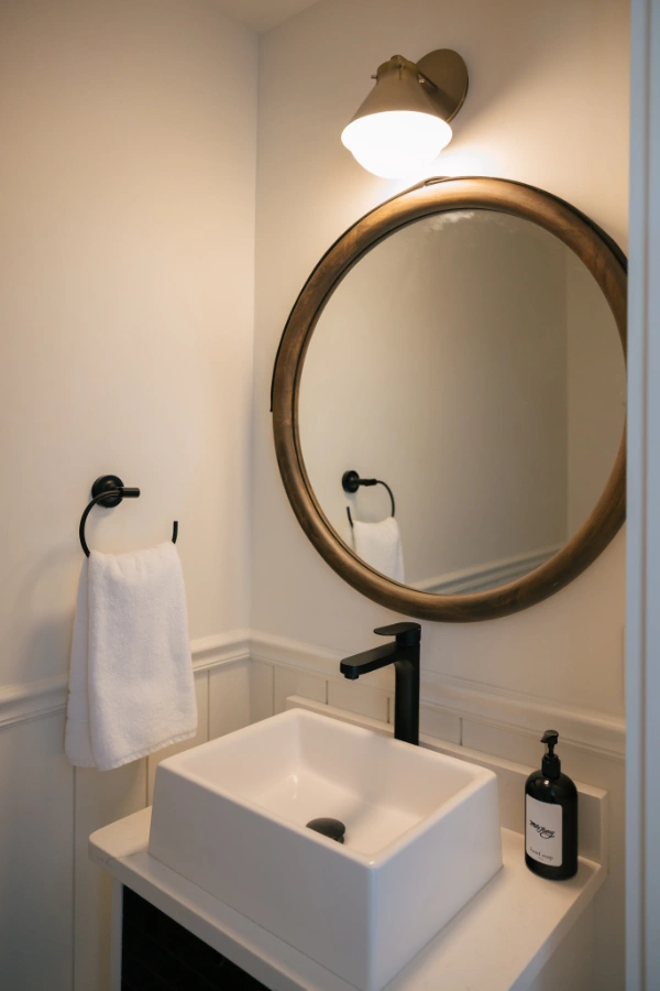 Half bathroom with round wood-framed mirror, wall-mounted brass sconce, matte black faucet, and compact modern sink